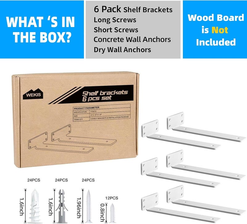 WEKIS Shelf Brackets, Heavy Duty Floating Shelf Brackets 8-Inch Long, 6-Pack Brackets for Shelves, Matte White L Hidden Metal Wall Shelf Support Shelving Brackets, 1/5-Inch Thick 160 lb. Load Capacity - Image 4